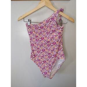 LOFT Beach One Shoulder Swimsuit Ditsy Floral Pink Purple Tie Detail Medium